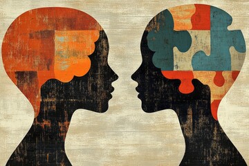 Poster - Brain function Cognitive sharpness Artistic silhouette profiles of two individuals with puzzle pieces in their heads representing interpersonal communication and understanding challenges