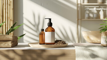 Wall Mural - Two amber bottles of lotion rest on a wooden tray, surrounded by natural elements like bamboo and plants, creating a tranquil spa-like atmosphere.