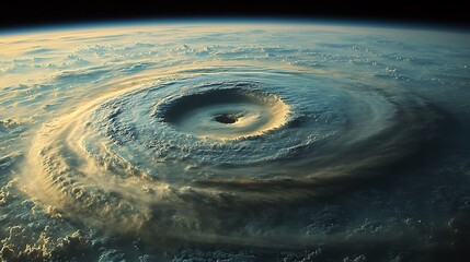 A swirling hurricane with a calm eye, seen from space, over a blue and green Earth.