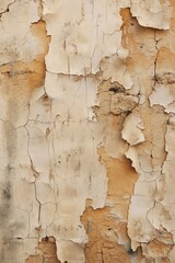 Poster - Weathered wall background shows peeling paint revealing concrete surface. Old beige and white colors with brown and gray hues. Close-up view of textured surface from slightly elevated angle.