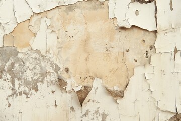 Poster - Old beige weathered paint wall with peeling texture, showing concrete beneath. Rough surface with chipped paint, worn out and discolored. Close-up view of distressed wall in a state of disrepair.