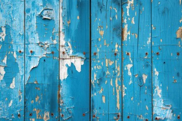 Poster - Weathered wooden surface with rough texture, visible cracks, peeling blue and white paint. Rusty areas on worn wood. Blurred background of wooden wall or fence. Elevated view shows worn out surface.