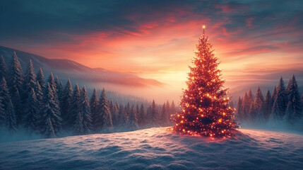 A glowing Christmas tree stands on a snow-covered hill at sunset, illuminating the peaceful winter landscape with its festive lights. Perfect for Christmas cards and holiday designs