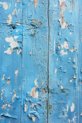 Aufkleber - Weathered blue wooden surface with peeling paint shows wood grain. Close-up view of worn out paint in various stages. Blurred background focuses on distressed finish.