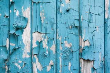 Aufkleber - Weathered wooden surface with peeling blue paint shows vertical planks. Wooden grain visible beneath paint, peeling paint in various stages. Slightly elevated angle provides comprehensive view.