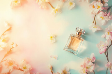 women's perfume in the bottle. delicate pastel pink background with flowers