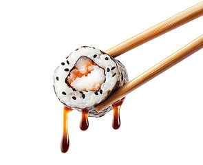 Wall Mural - Delicious sushi roll with fresh ingredients, dripping soy sauce, held by chopsticks, cut out