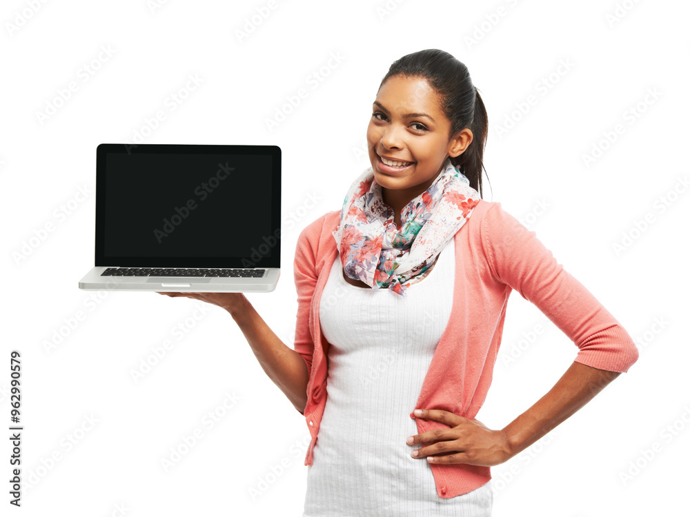 Happy woman, portrait and laptop with screen for advertising, marketing ...