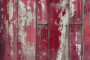 Aufkleber - Weathered wooden surface with reddish-brown hue, paint peeling off, revealing wood texture. Vertical planks with small holes create rhythmic pattern. Blurred background highlights wooden texture.