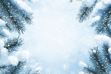 Aufkleber - A natural pine bough border in blues, greens, and white for invitations, greetings, posters backgrounds, and web images