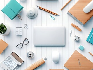 Poster - Flat Lay of White Table with Laptop, Notebook and Office Supplies.