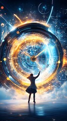 Canvas Print - Woman Reaching for Futuristic Clock.