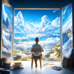 Wall Mural - Woman Looking Out Window at Airplane and Clouds.