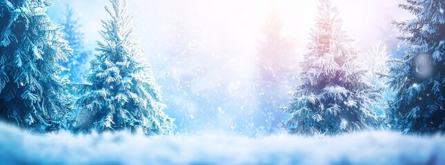 Leinwandbilder - A border of snow on a white background. Snowflakes. Beautiful blue Christmas trees, a widescreen abstract background with spruce trees.