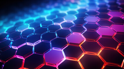 Hexagon background. Close-up surface made up of hexagonal. Honeycomb pattern. Illuminated outlines. Three-dimensional, depth, futuristic, geometric and colorful design. Dynamic lighting with rays.