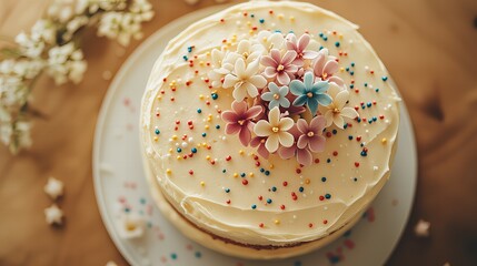 Wall Mural - birthday cake top view with Colorful frosting,  and decoration. detailed , texture of sprinkles and icing, isolated dessert, new beautiful stock image illustration AI