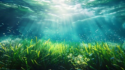 Wall Mural - serene underwater meadow of swaying seagrass home to marine life and schools of fish
