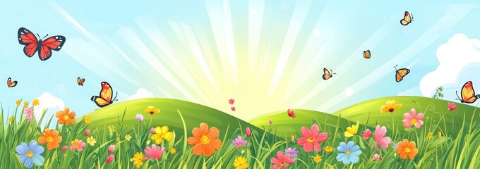 Sticker - Landscape with flowers, blue sky, butterflies, and a meadow in summer or spring