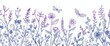 © Zaleman - It is a linear pattern made up of decorative flowers and plants with dragonflies and butterflies, representing a wild field and meadow. It can be used as a border in a light violet-blue color.