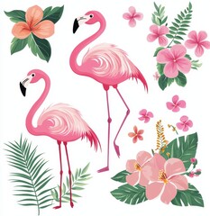 Poster - Flamingos and exotic flowers make up this beautiful floral design