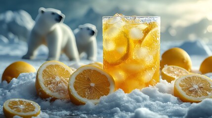 Wall Mural - A glass of iced tea with lemon slices sits on snow with two polar bears in the background.