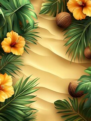 Wall Mural - Tropical beach party poster flier background template design with coconut trees, flowers, tropical leaves, and sunlight rays new beautiful stock image illustration AI