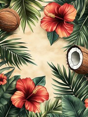 Wall Mural - Tropical beach party poster flier background template design with coconut trees, flowers, tropical leaves, and sunlight rays new beautiful stock image illustration AI