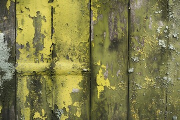 Aufkleber - Weathered wooden surface with green paint, rough texture, cracks, crevices. Old, distressed, rustic, natural, wood grain, paint peeling off, uneven distribution, background blurred.