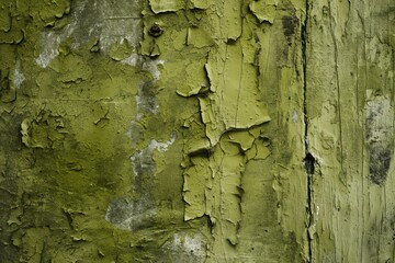 Aufkleber - Weathered wooden surface with peeling green gray paint, showing cracks and chips. Close-up view of worn out wood grain exposed beneath faded coating. Rustic distressed background for design projects.