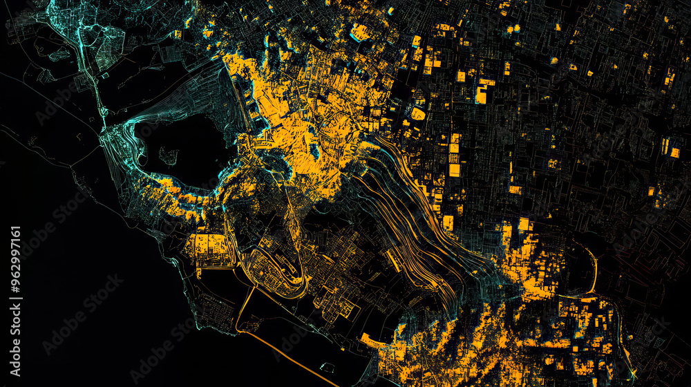 Technical aerial visual, 3D LiDAR GIS aerial map satellite scan model ...