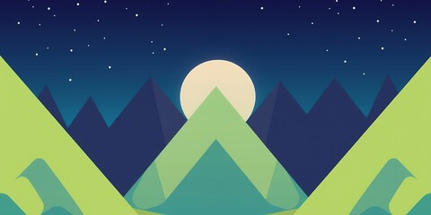 Poster - A minimalist landscape with a full moon and stars over green and blue mountains.