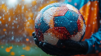 Wall Mural - Close-up of a soccer ball covered in raindrops, held by a person wearing blue gloves.