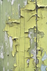 Poster - Weathered wooden surface with peeling paint showing green and yellow hues. Cracks and holes reveal aged wood beneath. Aged rustic background perfect for eco, tech, or vintage projects.
