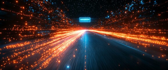 Wall Mural - Abstract glowing futuristic road with glowing light streaks and particles.