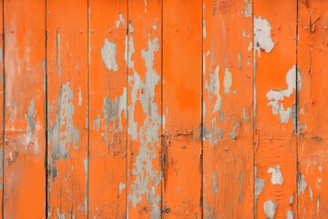 Aufkleber - Weathered wooden surface with orange paint peeling off revealing wood grain. Horizontal planks create rhythm and texture. Perfect background for rustic or vintage themed designs.