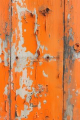 Poster - Weathered wooden surface shows rough texture with orange and white paint peeling off. Chipped and cracked paint reveals wood grain beneath. Blurred background suggests old structure or wall.
