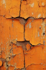 Aufkleber - Weathered orange paint wall with peeling layers on wooden floor. Rustic background for interior design, photography studio film set. Close-up view of textured surface with decay.