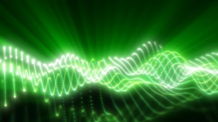 Poster - Glowing green light waves flow smoothly across a dark background, creating an energetic and futuristic abstract design with vibrant curves and dotted patterns, video in high quality 4k, motion design