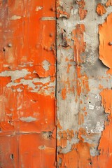 Poster - Weathered orange paint background shows worn concrete surface with peeling white, gray patches. Close-up view of aged exterior wall building facade with chipped paint revealing underlying structure.