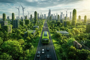 Futuristic cityscape with greenery and sustainable transport.