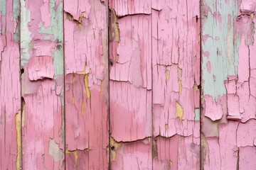 Poster - Weathered wooden surface with pinkish-brown hue shows cracks and peeling paint. Vertical planks create rhythmic pattern. Chipped paint reveals wood grain. Elevated angle provides comprehensive view.