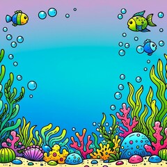 A cartoon showing a vibrant coral reef with colorful fish and bubbles