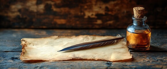 Quill pen, parchment paper, and an ink bottle.