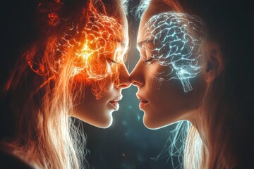 Poster - Mental horsepower Cognitive mirroring Fiery minds collide as two human profiles face off illustrating a powerful clash of intellect emotion and energy through vibrant colors and electric patterns