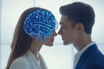 Wall Mural - Cognitive productivity Cognitive mirroring Two individuals face each other with glowing brains symbolizing intellectual connection and mutual understanding in a bright abstract setting