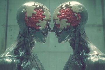 Canvas Print - Cognitive efficiency Cognitive mirroring Robotic figures with exposed mechanical brains and puzzle pieces highlight the intersection of human intelligence and artificial cognition in futuristic style