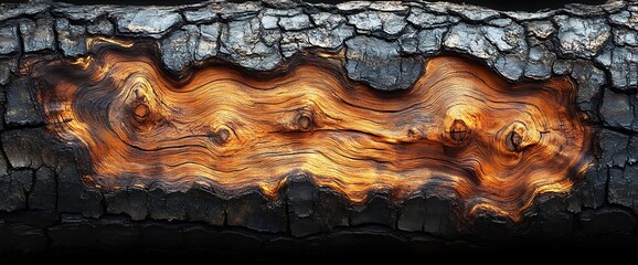 Wall Mural - A close-up of a charred tree trunk with a strip of fire-resistant wood running horizontally through the center.