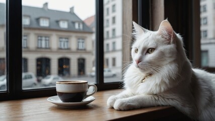 Wall Mural - A white cat rests by a café window, observing the street while a coffee cup is nearby