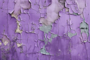 Poster - Damaged purple wall with cracks and peeling paint. Close-up view of rough textured surface. Purple and gray colors dominate. Weathered old paint background suitable for creative projects.