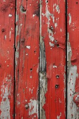 Poster - Weathered wooden planks with red-brown hue show peeling paint revealing layers. Close-up view of vertical wood surface with small holes at top. Side perspective highlights texture and patterns.